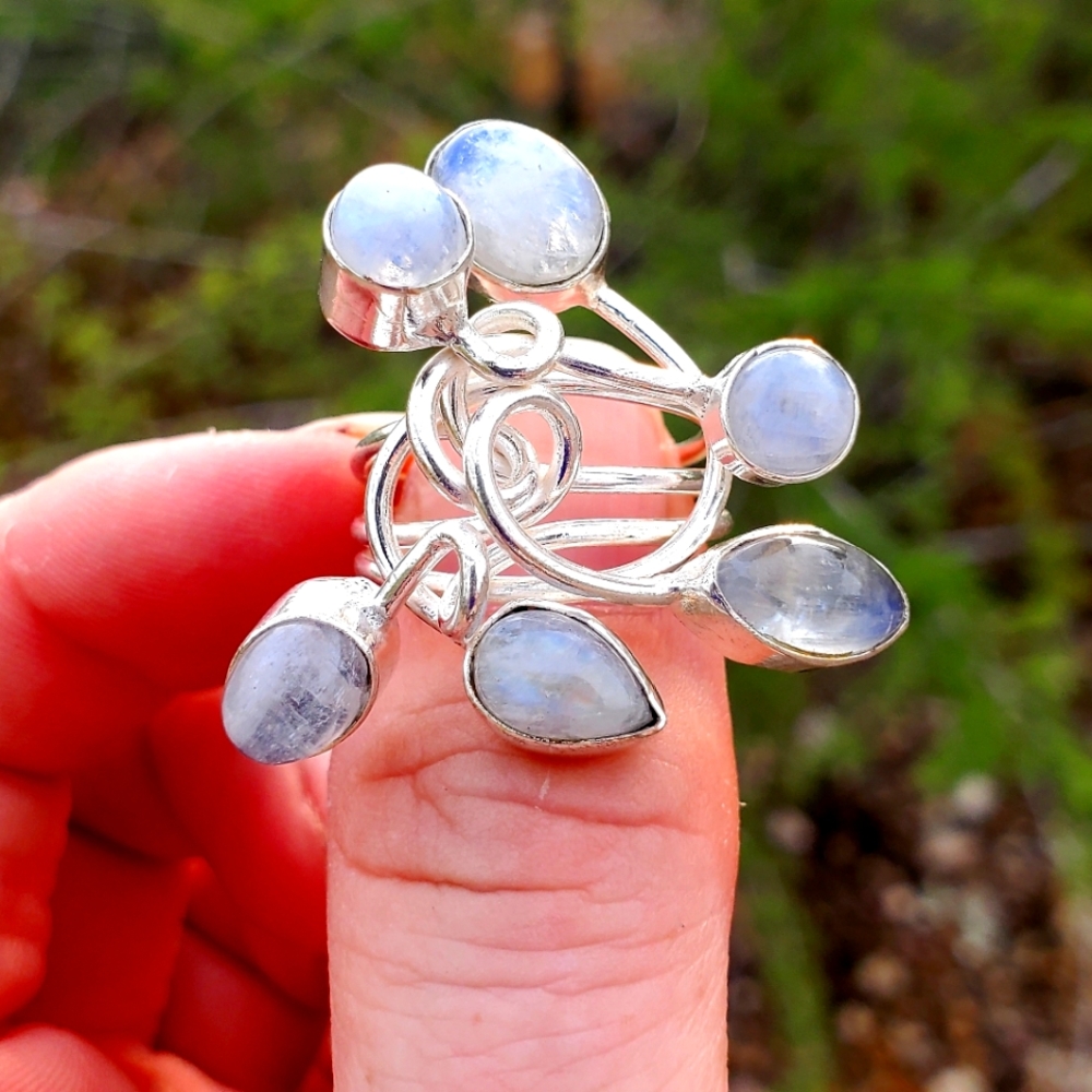 New Twisted Rainbow Moonstone Silver Statement Ring.